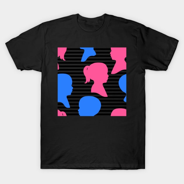 Child Silhouettes - Pink and Blue on Stripped Background T-Shirt by A2Gretchen